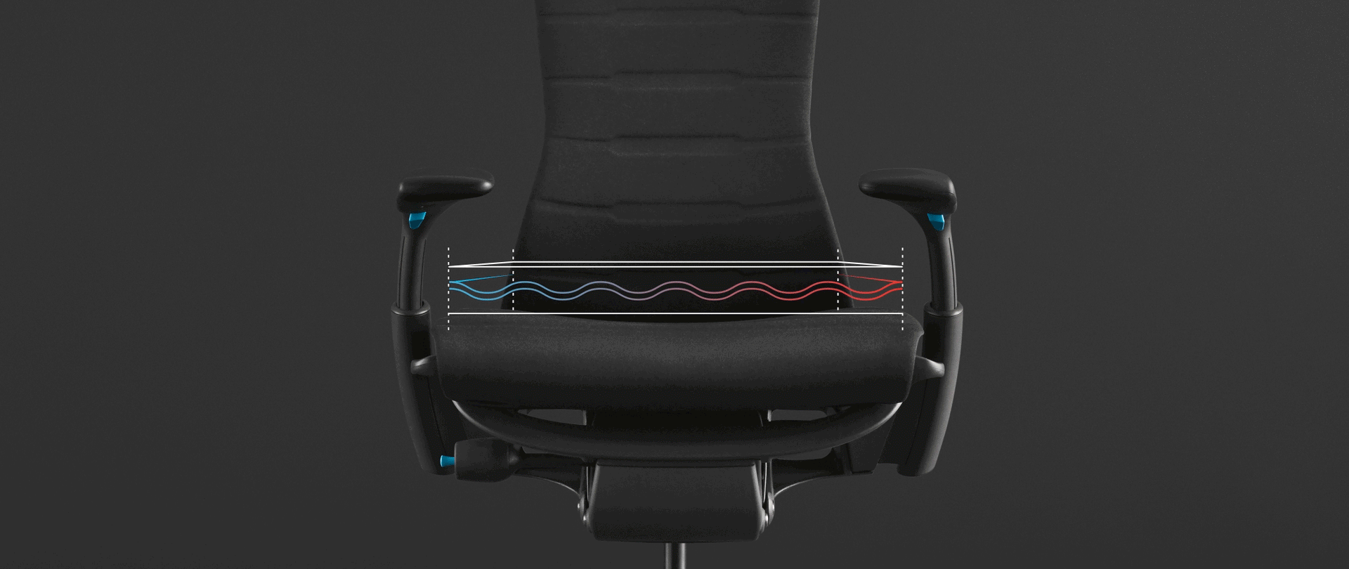 검은색 배경의 의자 사진 위에 입힌, Embody Gaming Chair 시트에서 새로운 쿨링 폼을 강조하는 애니메이션.