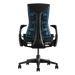 청록색 고정물과 양각식 Logitech G 로고가 검은색 배경에 각을 이뤄 보이는 검은 회색 Embody Gaming Chair.