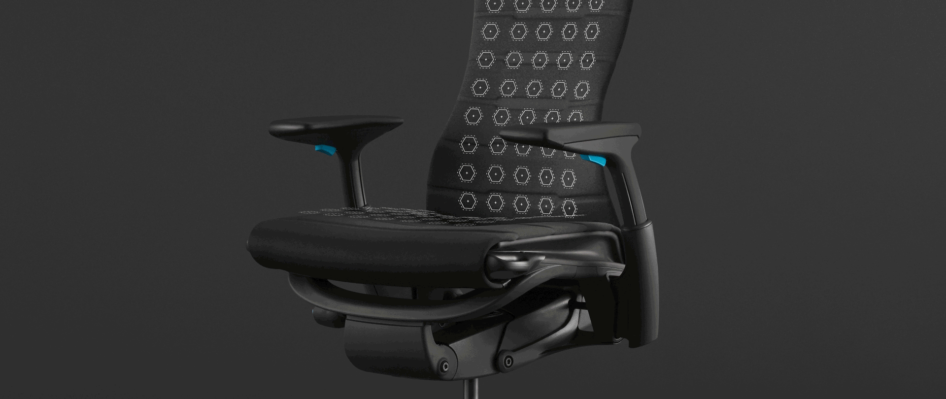 검은색 배경의 의장 사닝 위에 입힌, Embody Gaming Chair의 고른 압력 분포를 강조하는 애니메이션.