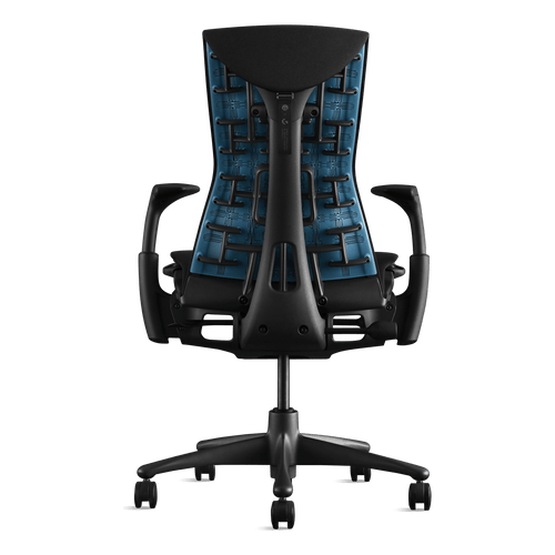 청록색 고정물과 양각식 Logitech G 로고가 검은색 배경에 각을 이뤄 보이는 검은 회색 Embody Gaming Chair.